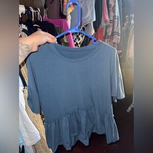Casual Slate Blue Ruffle-Hem Short Sleeve Top